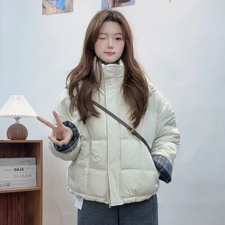 拼接格棉服女冬季2025新款加厚保暖棉衣立领外套夹棉面包服通X-*9