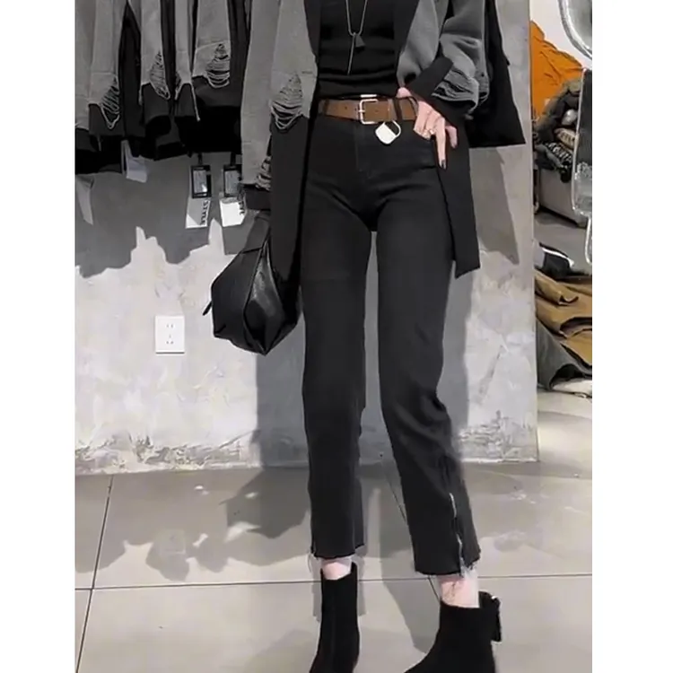 黑灰毛边直筒牛仔裤女秋冬加绒胖mm高腰弹力显瘦小个子九分烟管裤