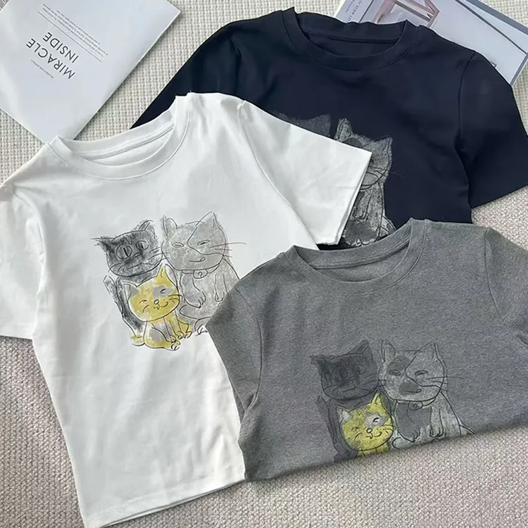 高含棉韩版时尚卡通猫咪短袖t恤女2025夏季新款洋气减龄打底上衣