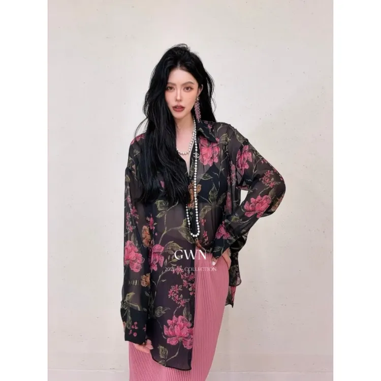 高温妮|暮色牡丹时尚气质设计感夏季复古廓形衬衣2026衬衫5e52826