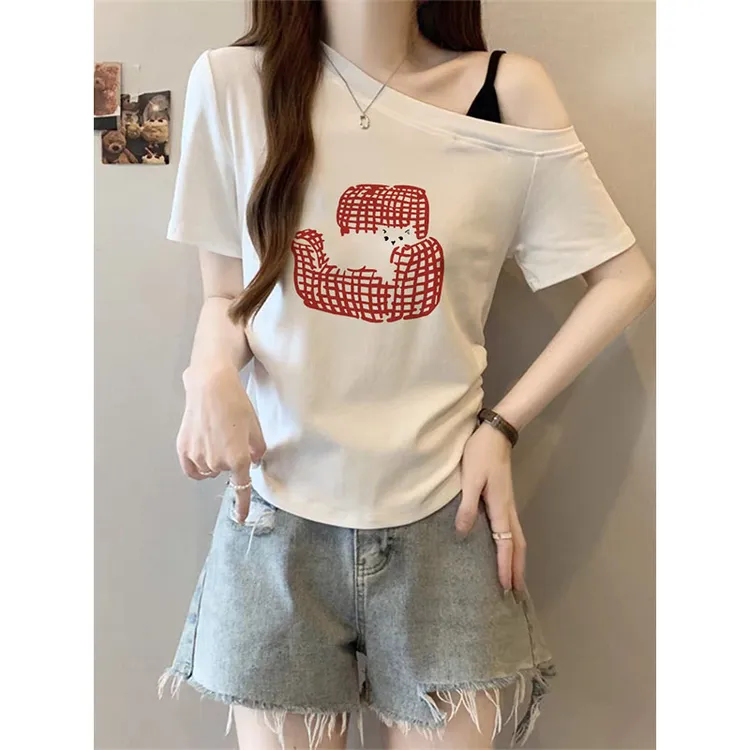 白色短袖女t恤2025夏季新款斜肩锁骨显瘦设计感时尚休闲百搭上衣