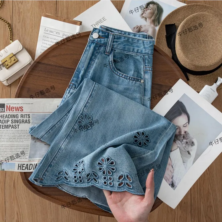 刺绣重工牛仔裤女夏季薄款小个子阔腿裤宽松牛仔裤子潮