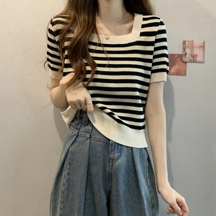 【80-200斤】大码法式别致冰丝短袖T恤女条纹方领显瘦遮肉上衣夏装