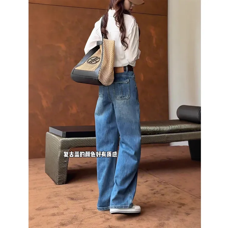复古蓝阔腿牛仔裤女秋季新款大码高腰宽松直筒显瘦拖地窄版弯刀裤