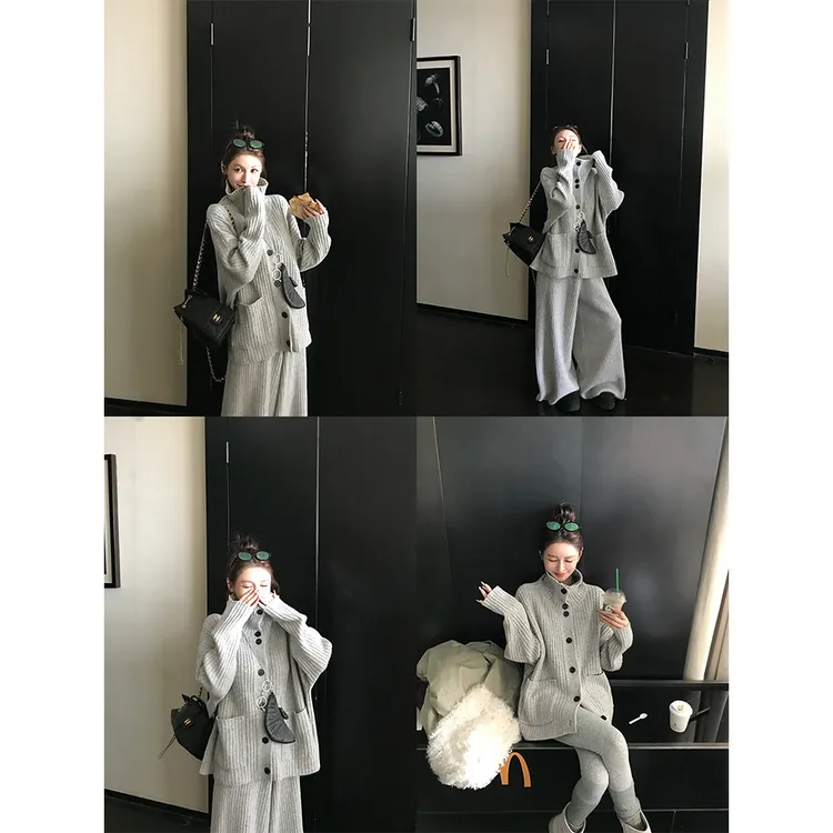 【时髦博主老钱风】韩系高领纽扣毛衣外套加厚开衫+长裤套装23111#