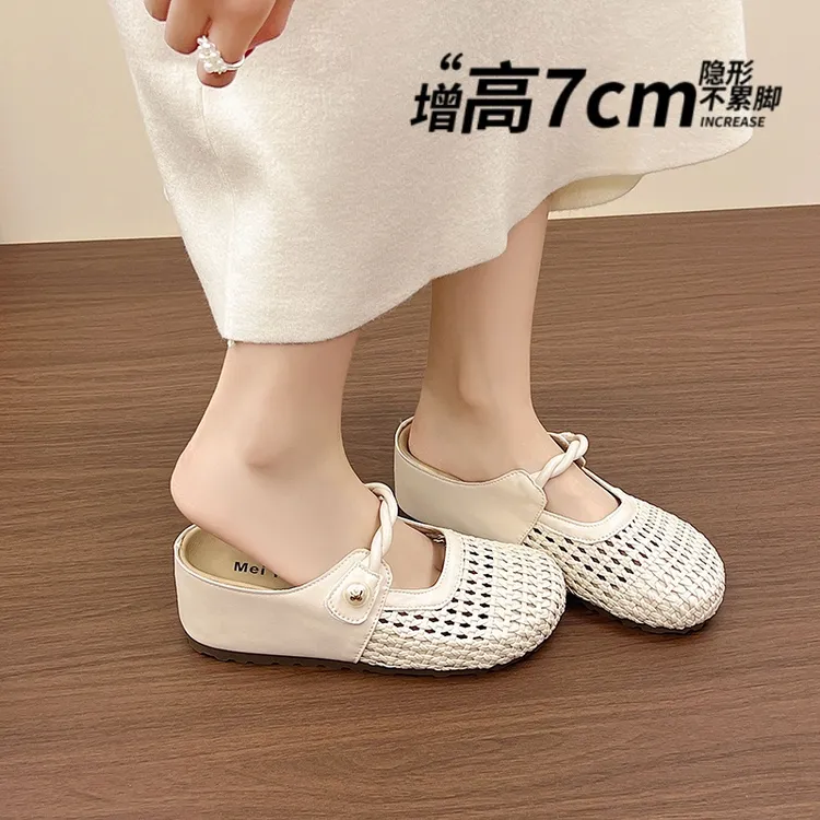 真皮小个子内增高7CM包头半拖凉鞋女2025夏新款外穿厚底编织单鞋