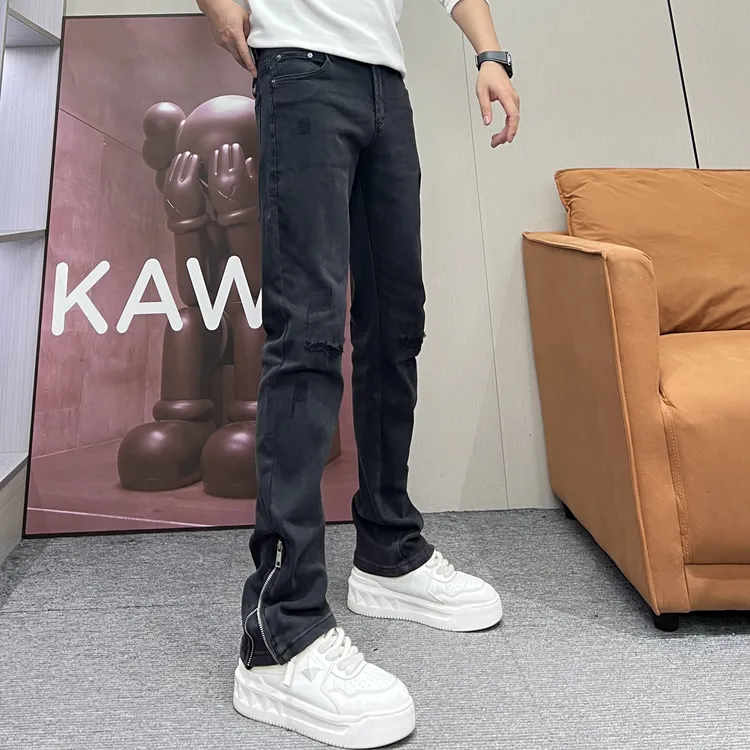 秋冬新款男士爆款磨毛加厚炭灰色美式高街风弹力微喇小直筒牛仔裤