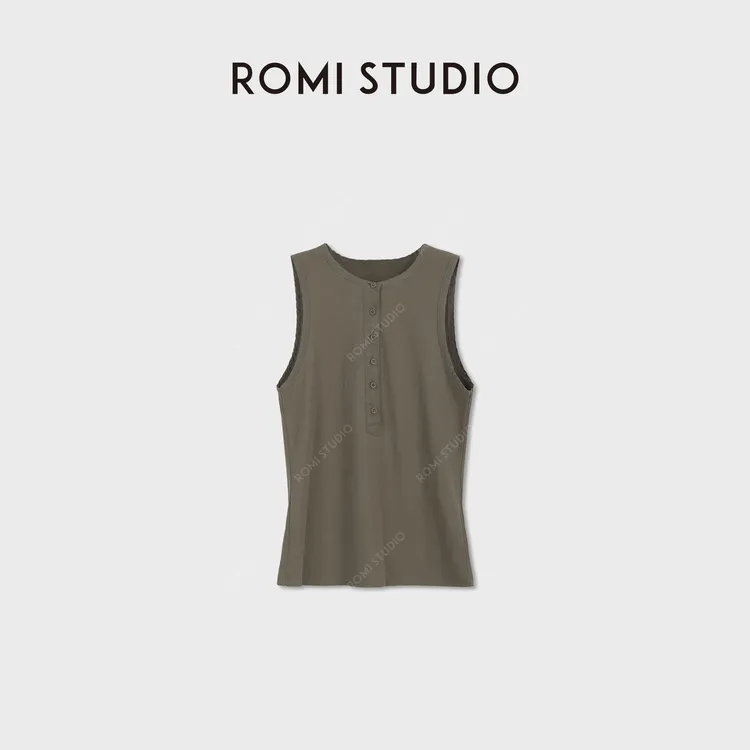 ROMI STUDIO莱赛尔混纺凉感纽扣半开襟小v领无袖背心 RWDSS62644