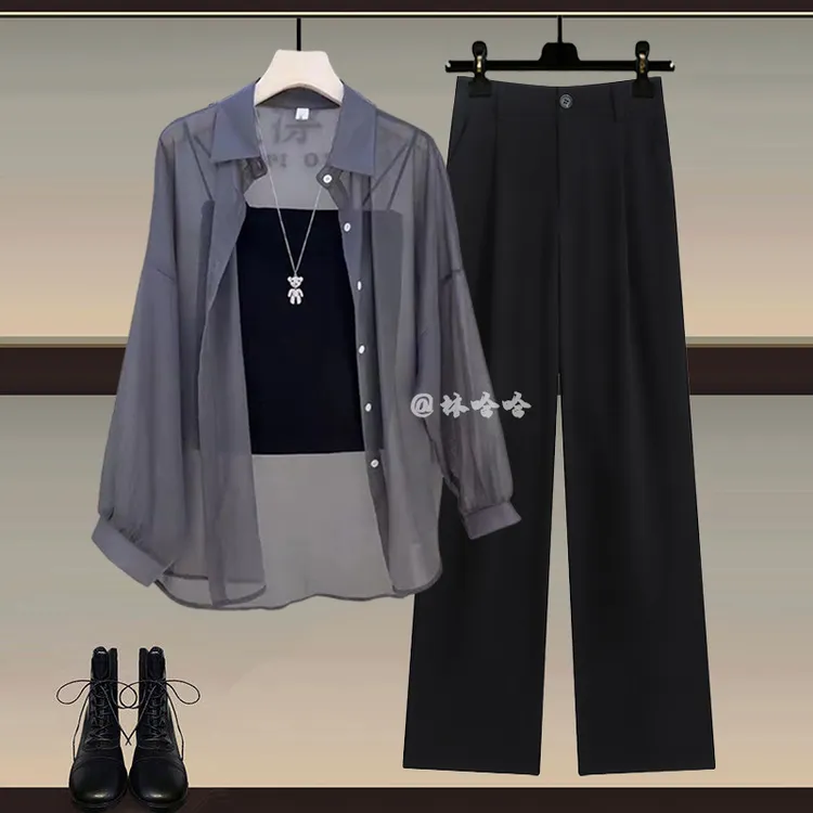 春季女装一整套防晒衬衫上衣内搭吊带女搭配显瘦休闲阔腿裤三件套