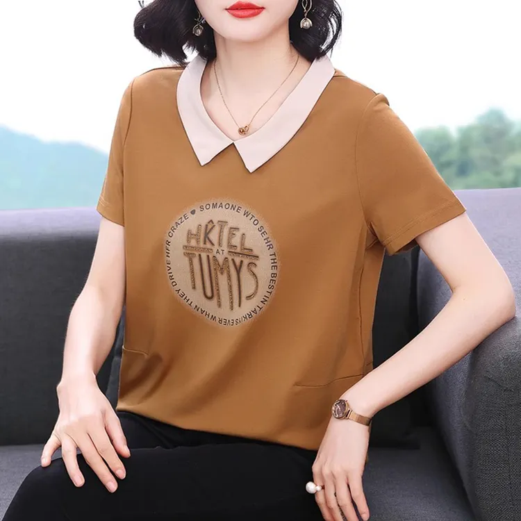 中年妈妈翻领休闲短袖T恤女夏2026新款洋气减龄大码宽松百搭上衣