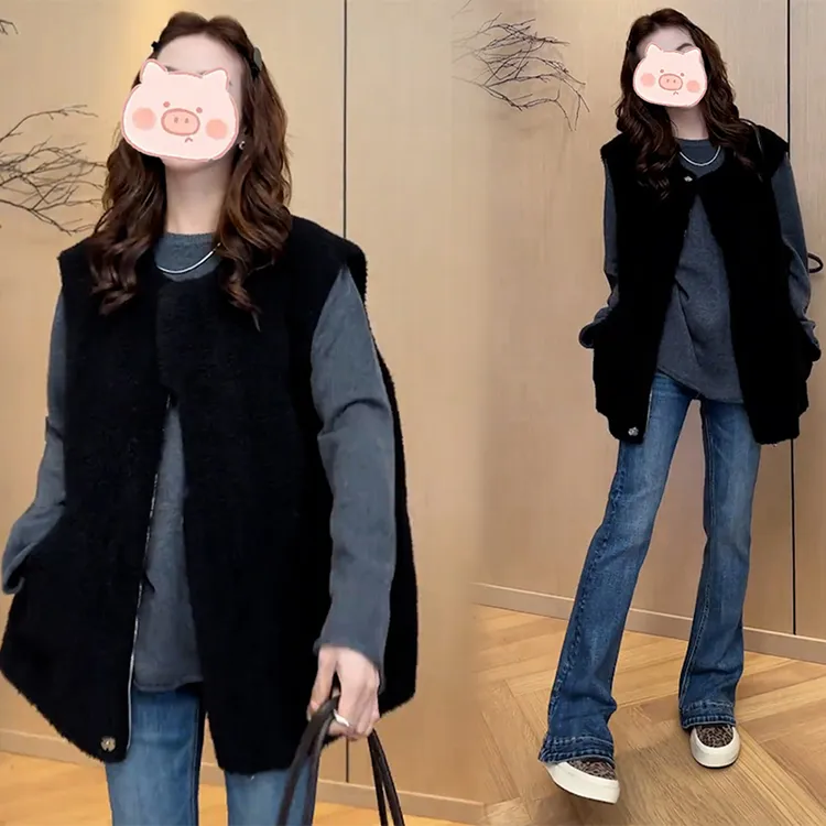 2025黑色无袖马甲外套搭配显瘦简约宽松打底衫高腰牛仔裤三件套