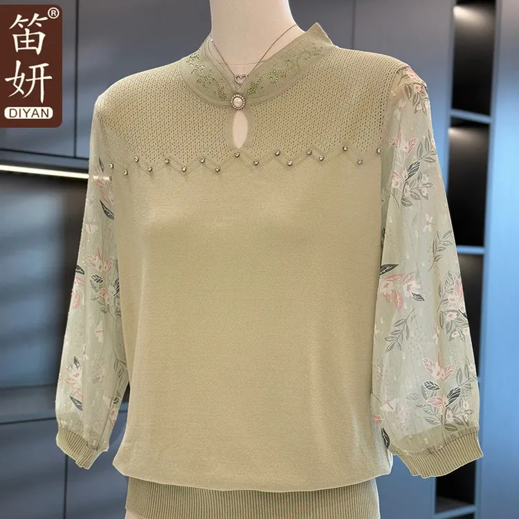 国风时尚妈妈装雪纺拼接针织衫女秋装新款上衣气质百搭中老年小衫