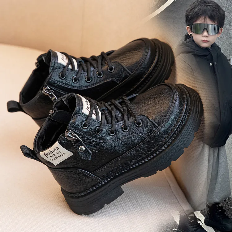 男童马丁靴真皮防滑秋冬系带时尚薄款耐磨女童宝宝加绒保暖短靴