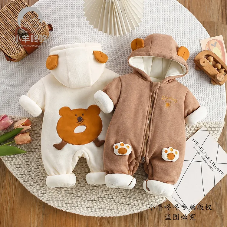 加绒加棉冬款熊墩墩趴趴乐婴幼长袖洋气爬服男女宝可爱萌系连体衣