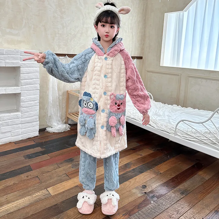 女童睡袍套装女孩儿长款睡衣加绒家居服外穿珊瑚绒家居服