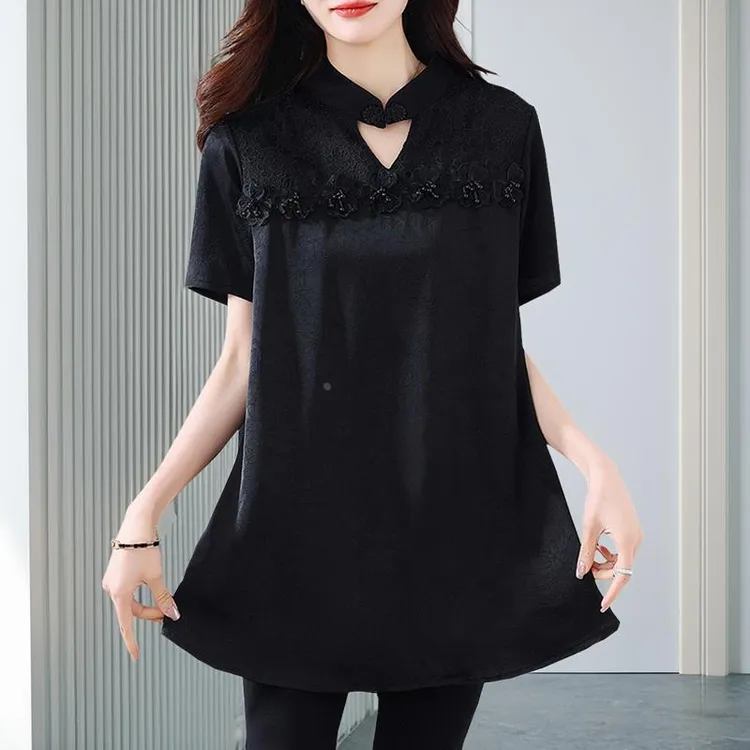 杜拉妮2025新款夏雪纺t恤女短袖高端大气大码胖mm遮肚中长款上衣