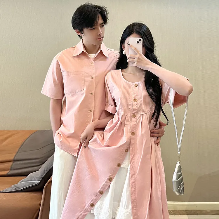 情侣装夏季小众设计感韩系叠穿白色蕾丝半身裙男衬衫一裙一衣