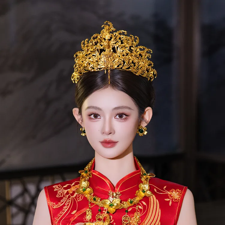 合金婚庆饰品 中式新娘凤冠奢华凤凰流苏金色结婚复古发饰女8012