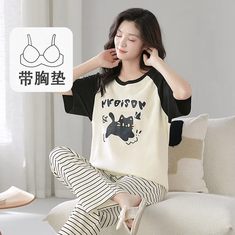 睡衣女士夏季带胸垫休闲卡通夏天可外穿短袖长裤薄款家居服套装女
