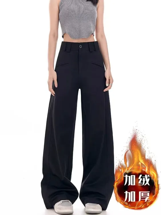 现货➕加绒八字口袋加绒加厚休闲裤子女胖妹妹显瘦垂感阔腿裤子