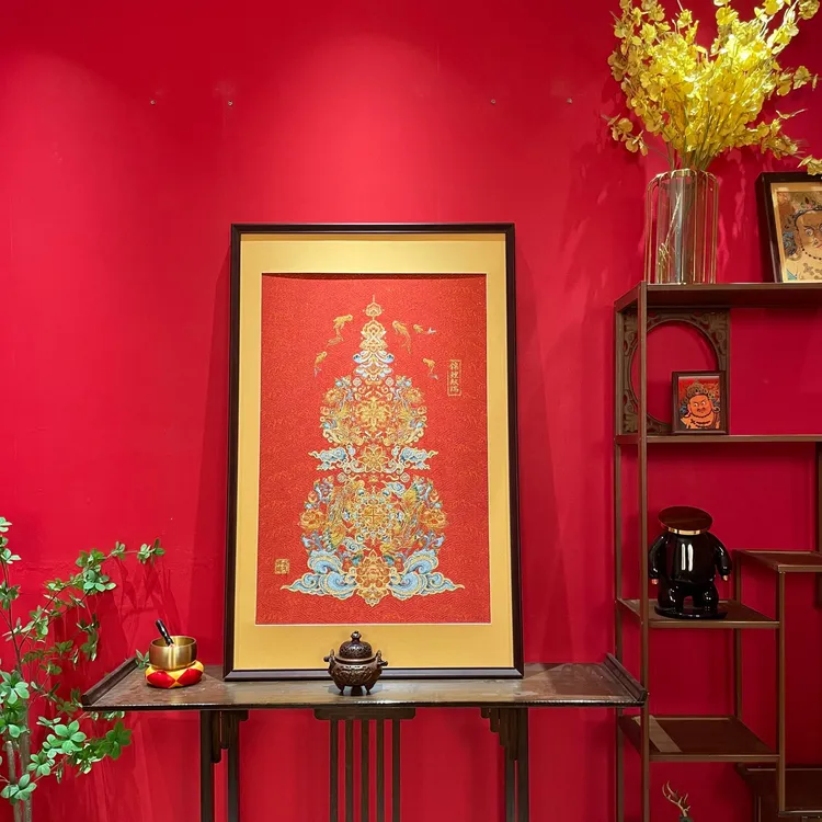新中式【锦鲤献瑞】福禄葫芦刺绣挂画客厅玄关书房茶室背景墙装饰画