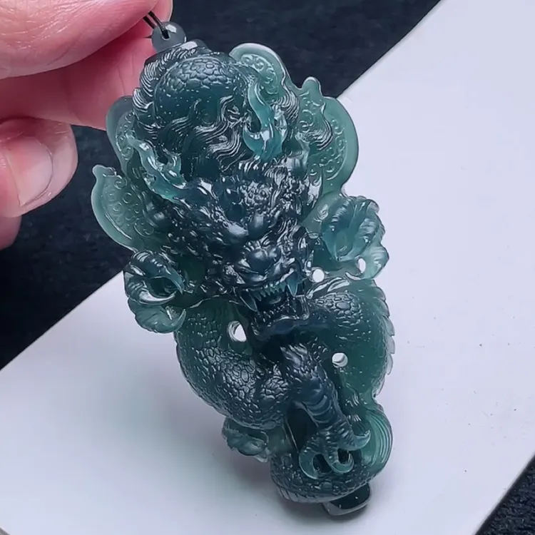 纯天然A货翡翠老坑冰透精雕立体霸气龙牌龙柱吊坠手把78-43-22mm