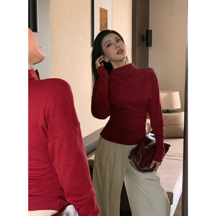 JIJINQI堆堆领拼接纯色轻职风修身秋冬时尚毛织上衣女JD11SZQM472