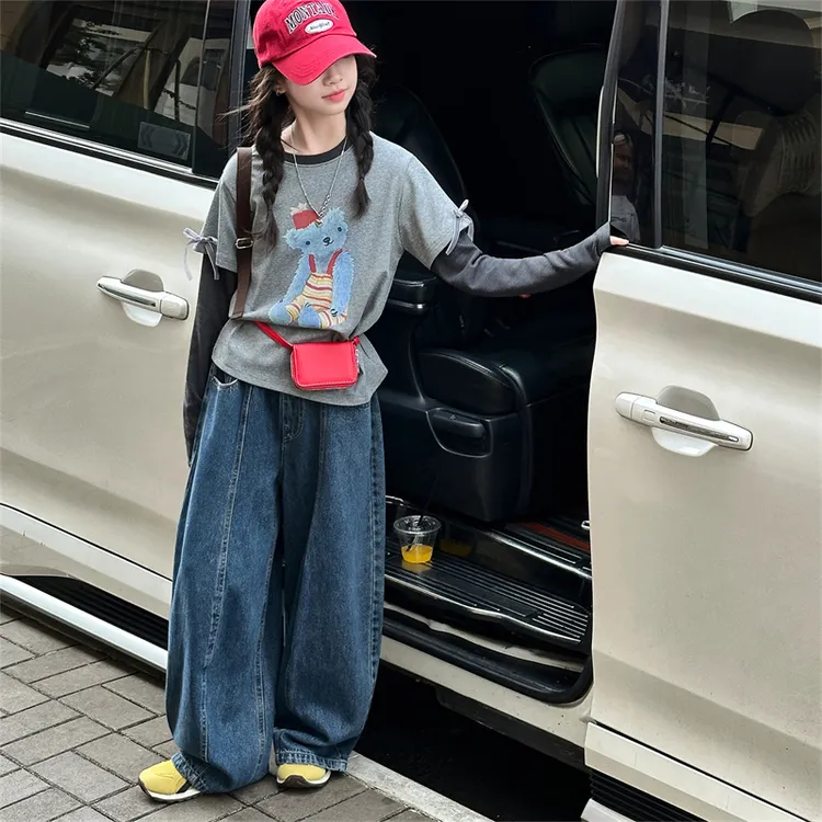 女童秋装套装2025秋季新款儿童超好看洋气假两件上衣牛仔裤两件套