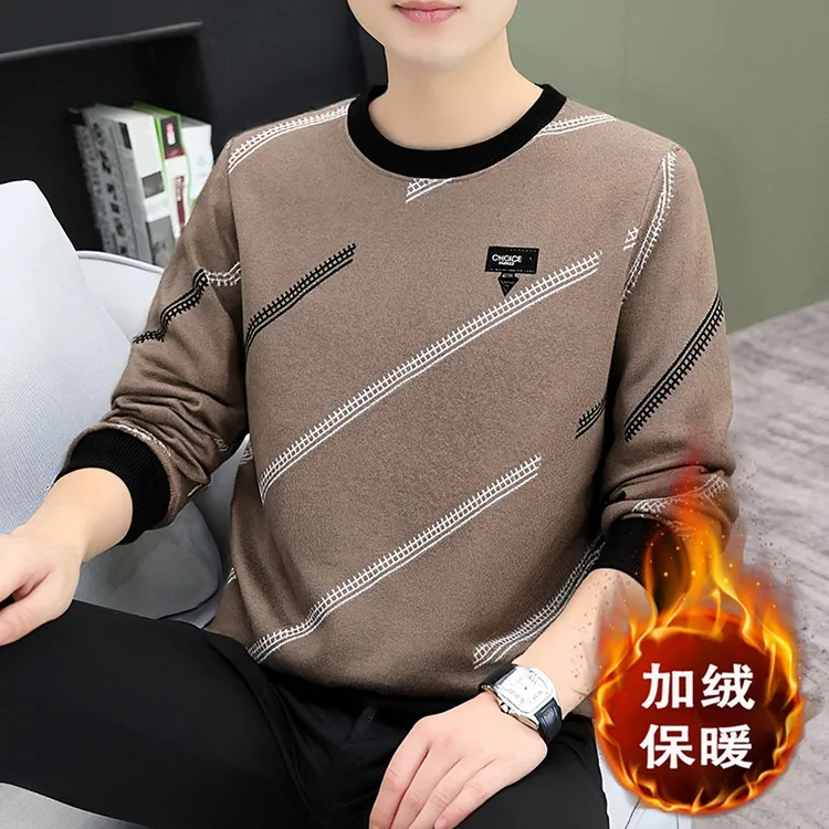 秋冬款一体绒针织卫衣加绒加厚圆领上衣时尚潮流休闲百搭男装宽松