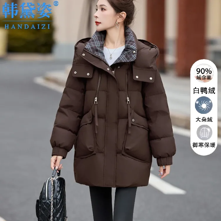 韩版时尚宽松加厚羽绒服女2025冬装新款气质连帽90白鸭绒保暖外套