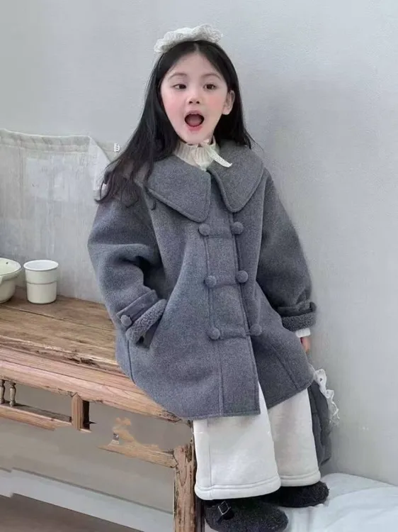童装儿童外套秋装2025新款时尚女童宽松保暖纯色毛呢大衣宝宝衣服