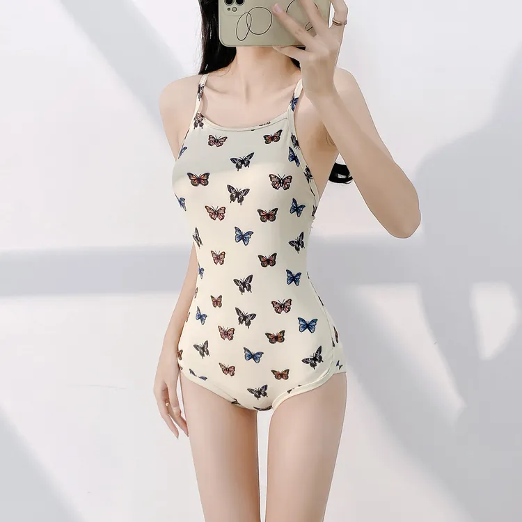 米白蝴蝶2025新款时尚显瘦高级感带专业温泉海滩竞速泳衣女款泳装