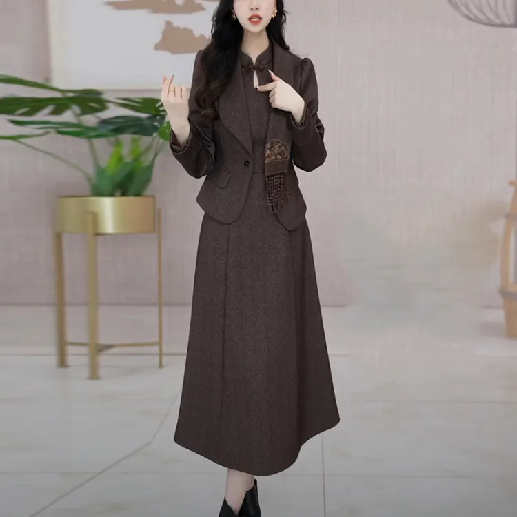 帛雅精纺中式国风套装裙2025春季新款时尚显瘦长袖两件套连衣裙子