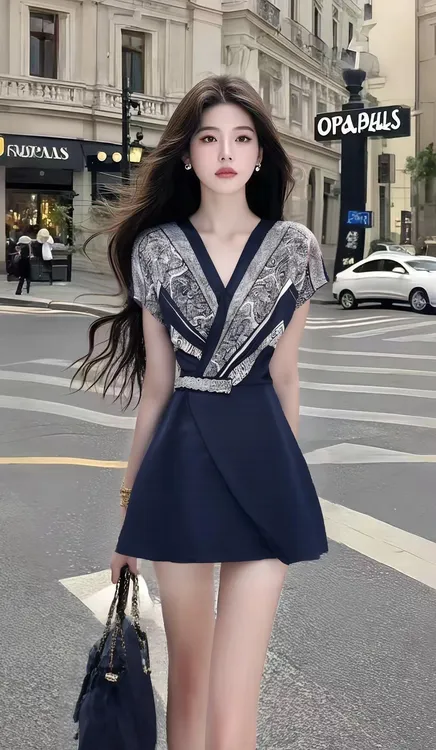 时尚高端大气设计感V领收腰修身连衣裙女显瘦气质百搭氛围感短裙
