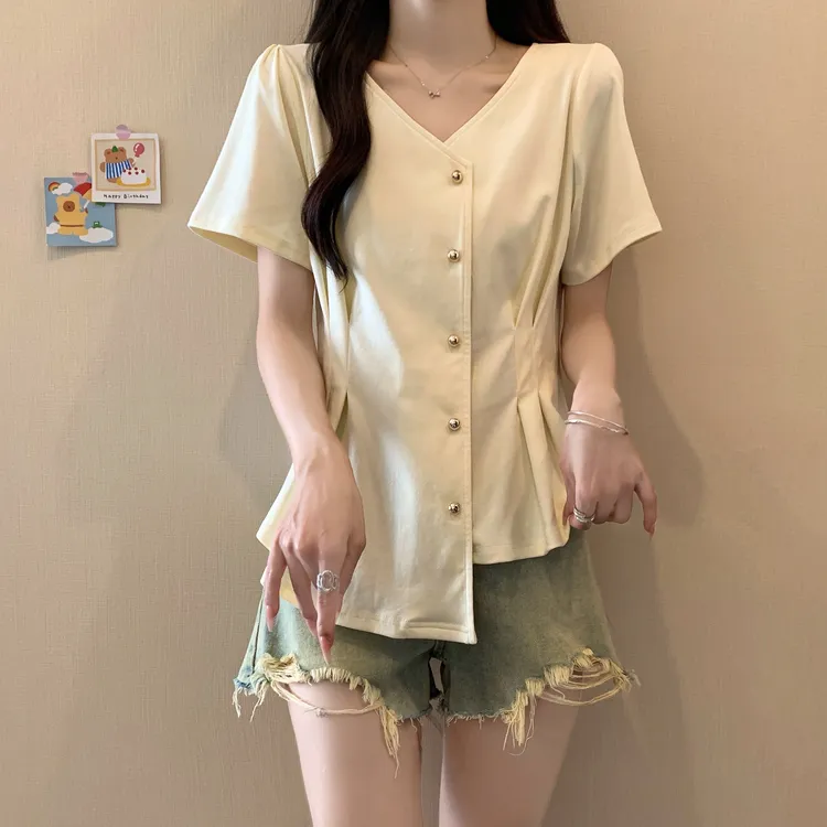 大码不规则V领褶皱正肩短袖衬衫女胖妹妹夏季设计感收腰显瘦上衣