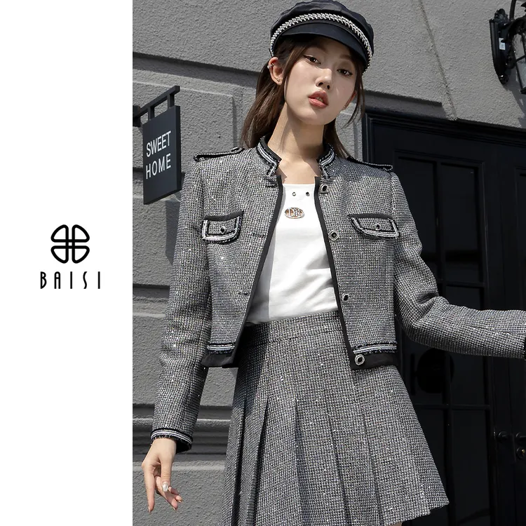 BAISI/百丝法式小香风气质秋季设计款格子银黑色亮片短款外套