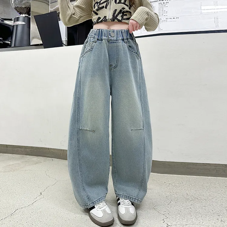 女童春装牛仔裤新款儿童弯刀长裤春秋季休闲时髦阔腿裤裤子春季