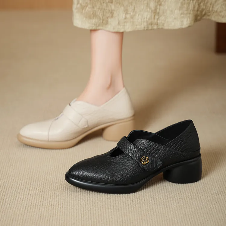 羊皮圆头深口鞋高跟鞋防滑粗跟新款单鞋乐福鞋舒适皮鞋软底妈妈鞋