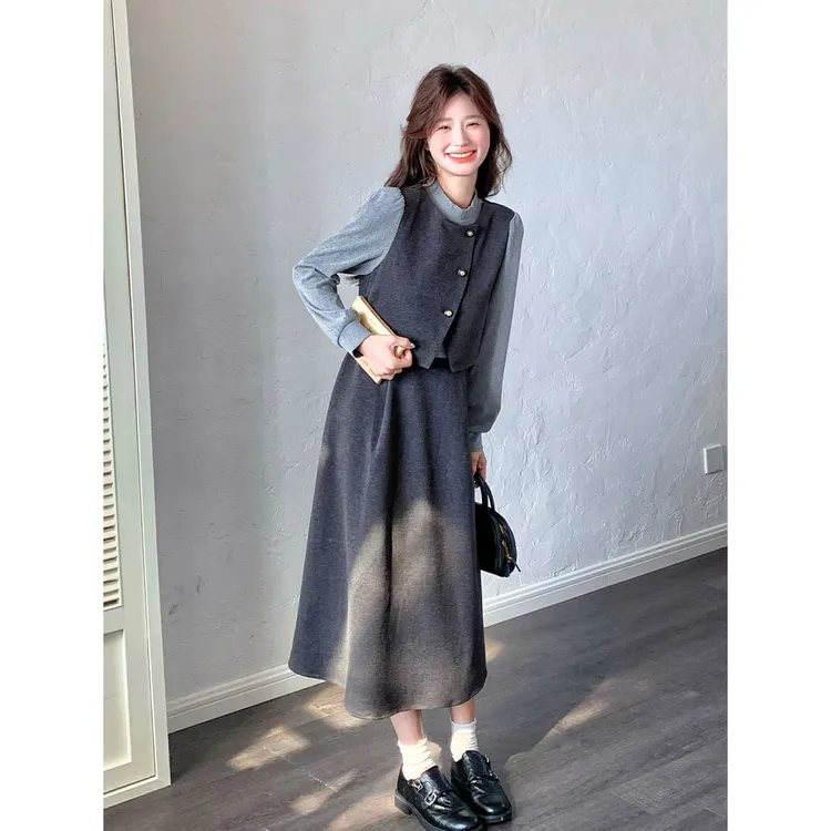 法式假两件连衣裙女2025冬季新款高级感别致显瘦气质长裙2014