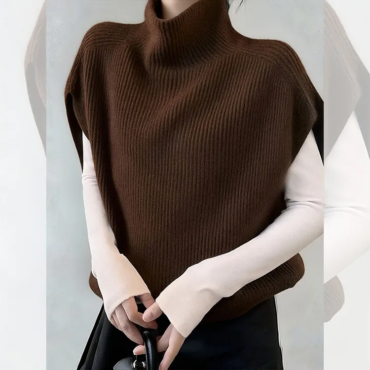 独特漂亮咖色高领叠穿无袖针织马甲小衫女装秋冬洋气百搭马夹上衣