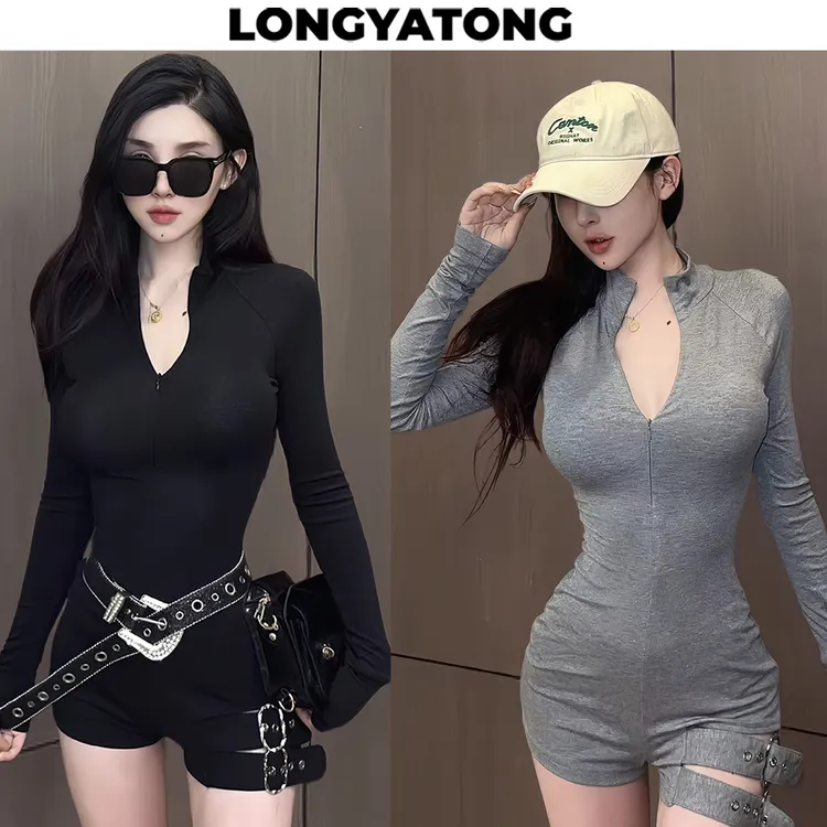 龙牙童推荐【连体裤】显瘦连体裤长袖紧身高腰黑色不规则修身包臀款