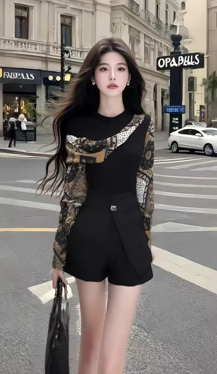温柔风时尚撞色圆领长袖设计感上衣+黑色百搭显瘦短裤女两件套