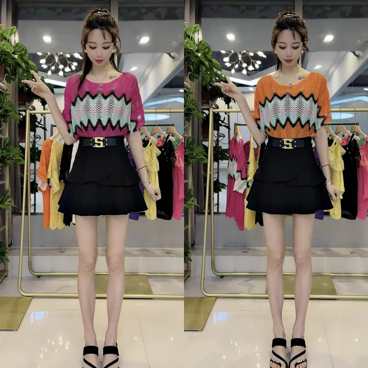 彩虹波浪纹针织衫夏季独特设计感小众镂空时尚洋气百搭显瘦上衣