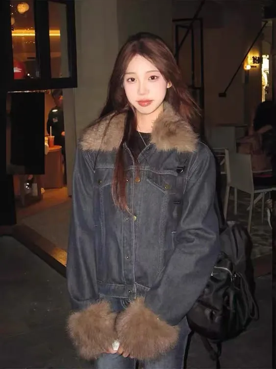 秋冬美式复古中古慵懒风加厚气质毛毛领牛仔夹克外套女小众设计感