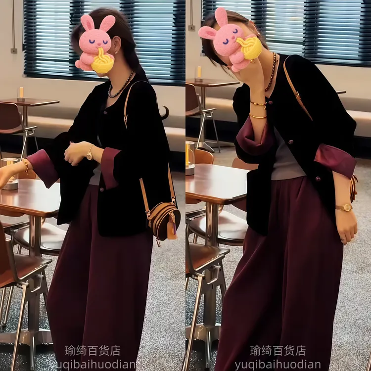 网红爆款时尚两件套女2025秋冬款高端国风丝绒撞色外套+显瘦裤子