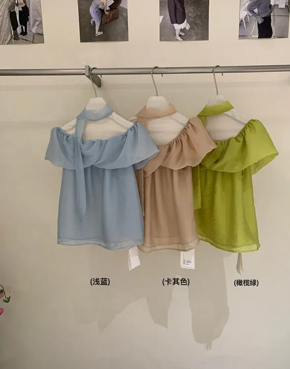 【sophy】韩系气质显瘦一字肩荷叶边氛围高级感短袖小衫(配系脖) 