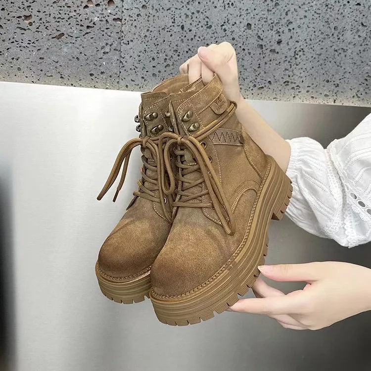 真皮厚底马丁靴女款2025新款英伦风夏季透气美拉德防滑棕色短靴子