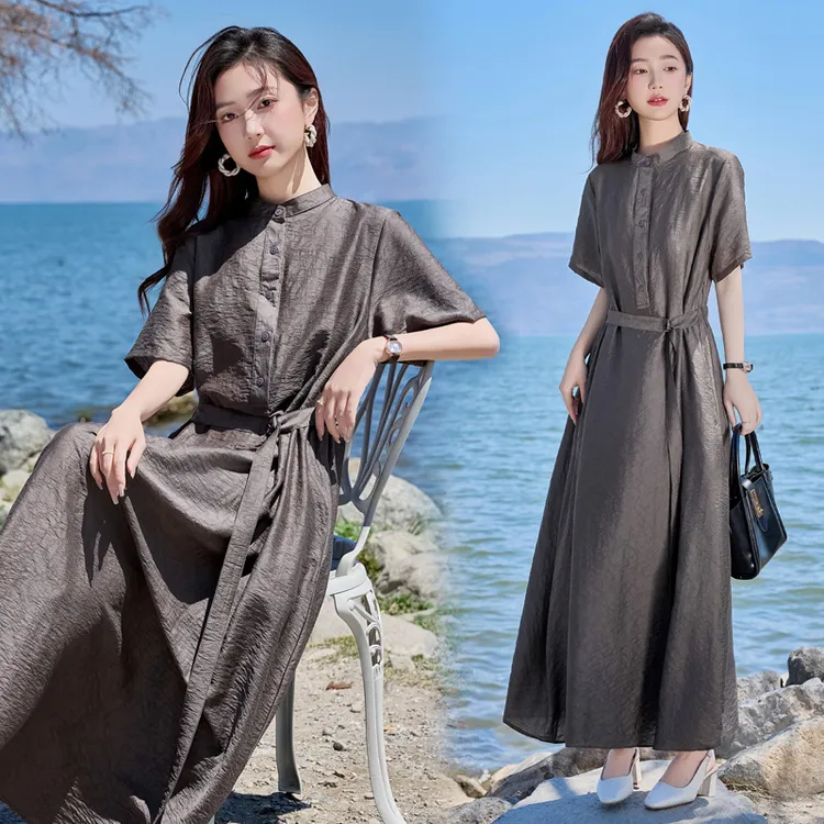 夏季新款天丝时尚气质提花连衣裙系带收腰显瘦气质复古短袖长款