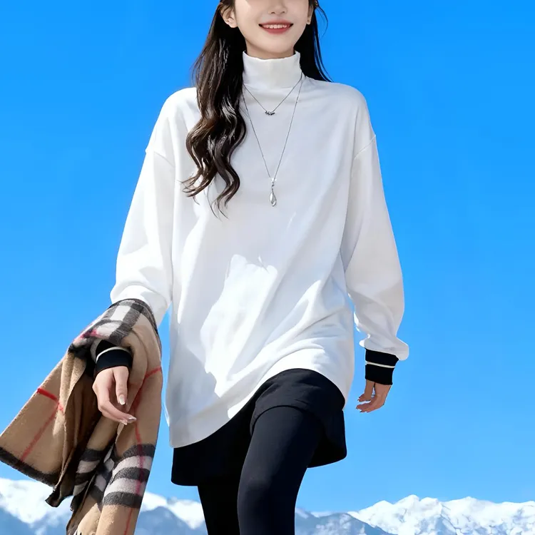 优质加绒白色打底女内搭中长款新款秋冬宽松拼接遮臀长袖T恤上衣