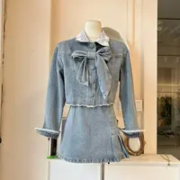 LHTE青青大码女装 初秋蝴蝶结重工复古气质上衣裙子牛仔套装T5898